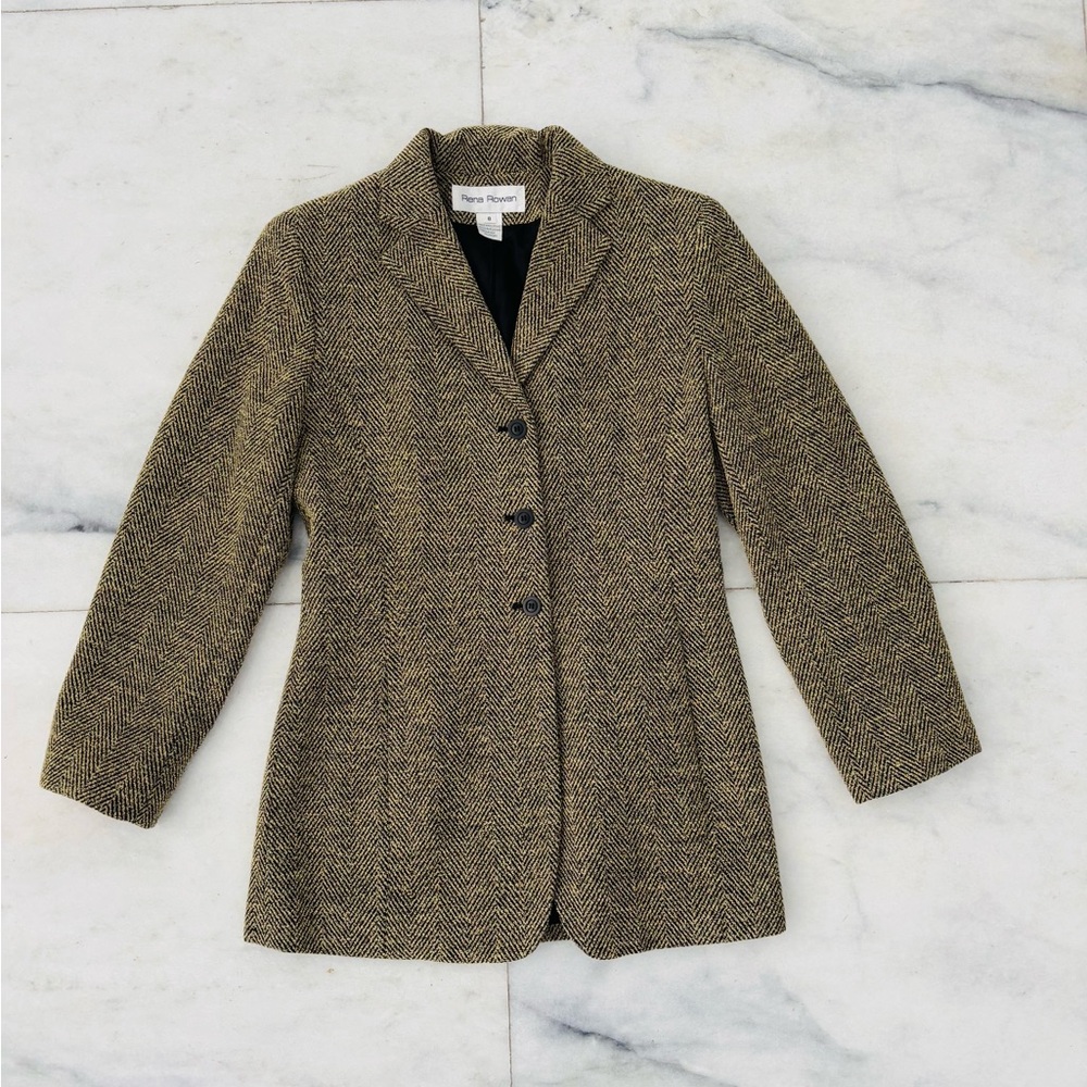 Vintage Rena Rowan Jacket Beige Herringbone Wool Blend Lined Coat Women’s 8